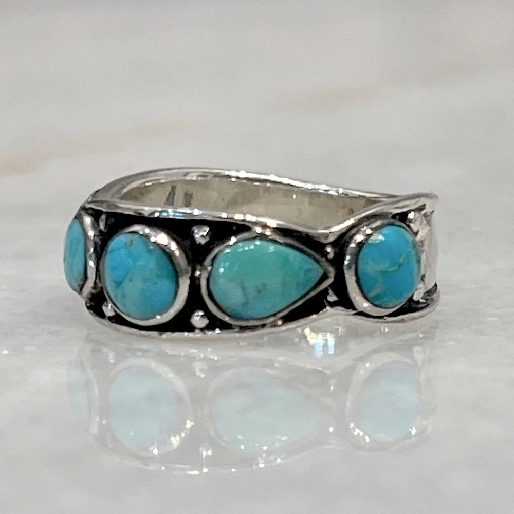 Santa Fe Style Sterling Silver Kingman Turquoise 5 Stone Ring Sz 7